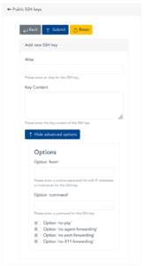 Screenshot of the upload form for SSH public keys in the HPC portal