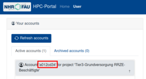 Highilghted HPC user name in HPC portal under "Your accounts" -> "Activ accounts"