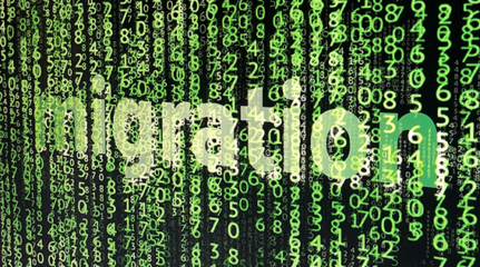 The picture of a black screen over which vertical rows of neon green numbers are distributed. In the center is the lettering “migration”.