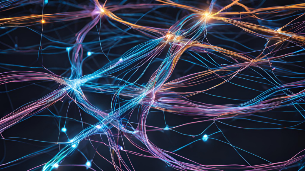 Several neon-colored wires with luminous nodes.
