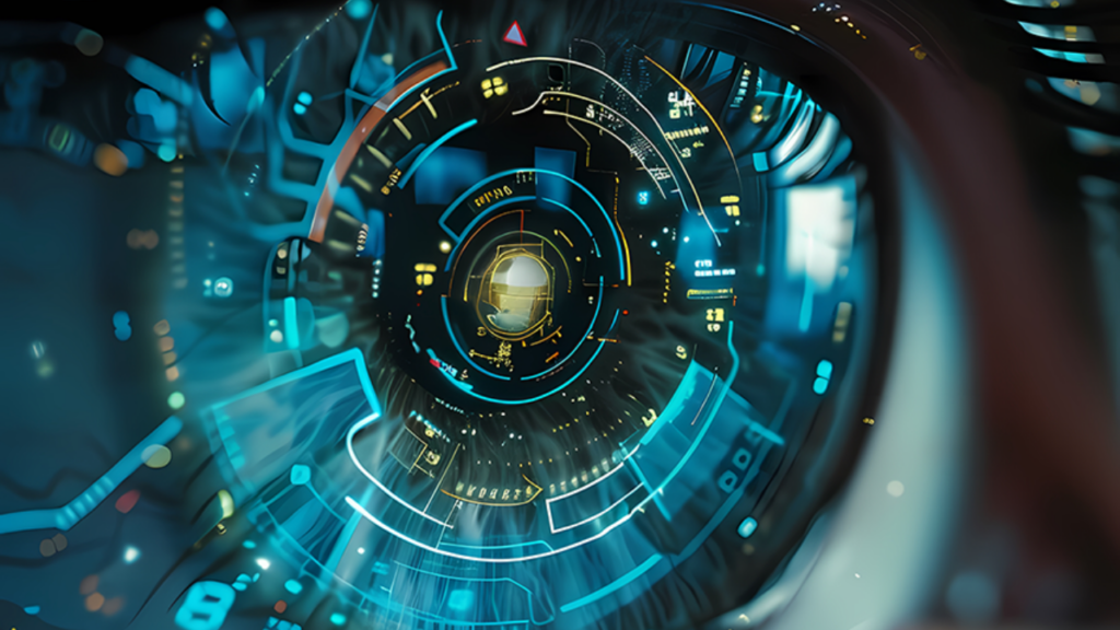 Close-up of a futuristic-looking, bright blue eye, in which technical details are reflected that look like the focus of a camera lens.