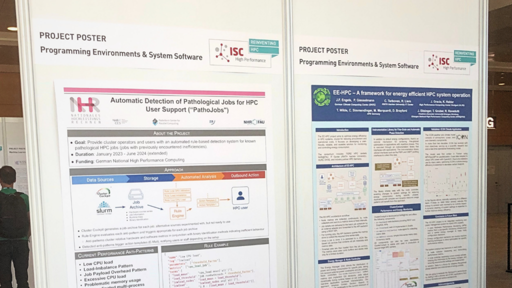 A photo of two project posters from the NHR@FAU on a display wall.