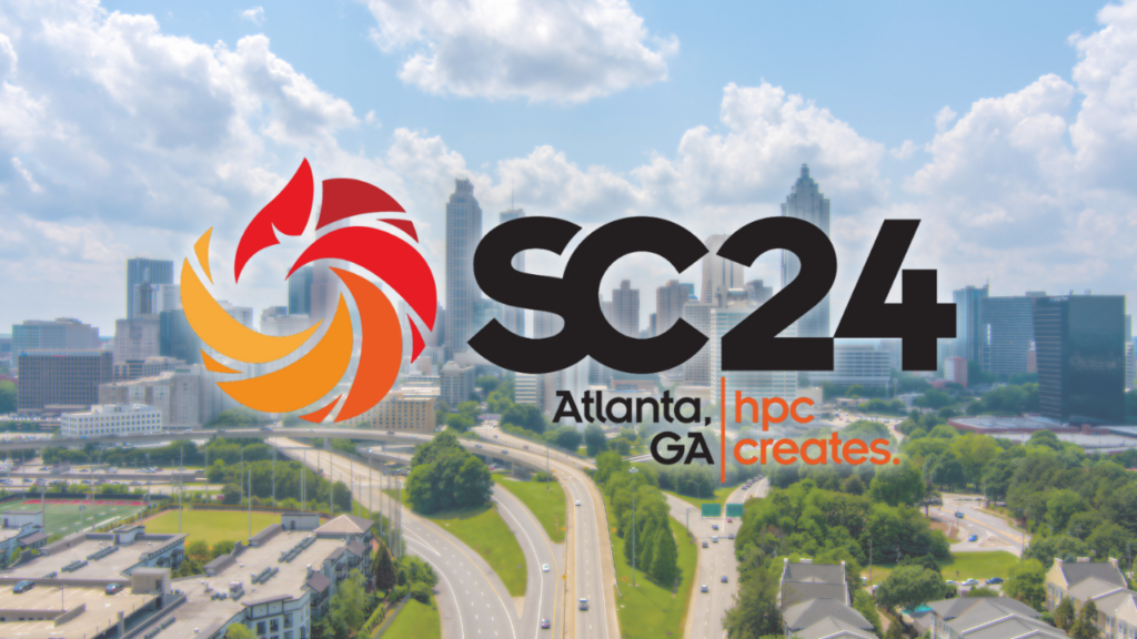 Logo and lettering of the SC24 conference with a picture of Atlanta under a blue sky in the background.