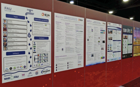 Posters of the SCC teams at SC24 - team "FAUcet" on the left.