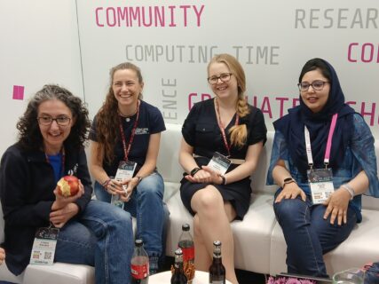 Host Ayesha Afzal and researchers Karina Pešatová, Marta Garcia-Gasulla and Cristina Manzano (f.r.t.l.) engaging in the WHPC sofa talk "Empowering Women's Visibility in HPC" (Image: J. Carl, NHR@FAU)