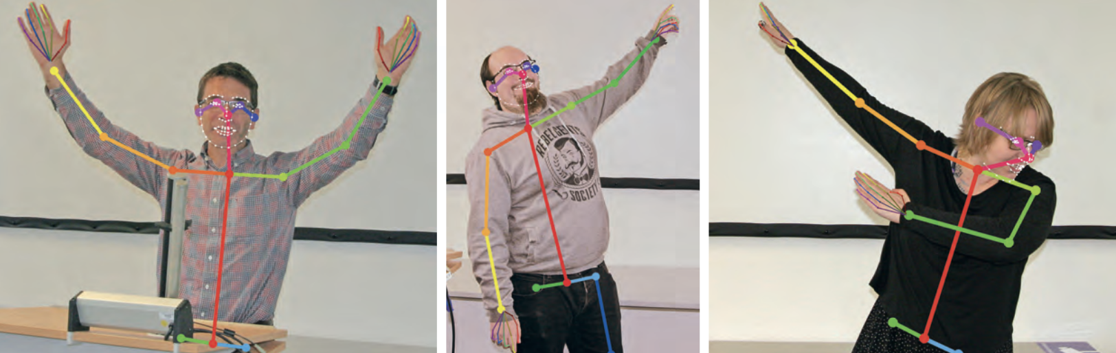 The image shows three people in separate frames, each performing different expressive poses. Overlayed on each person are colorful skeletal outlines and facial landmark points, typical of motion or pose detection systems. The overlaid lines and dots map key body joints (such as shoulders, elbows, wrists, hips, knees, and ankles) and facial features, illustrating how the system tracks body movement and orientation.
