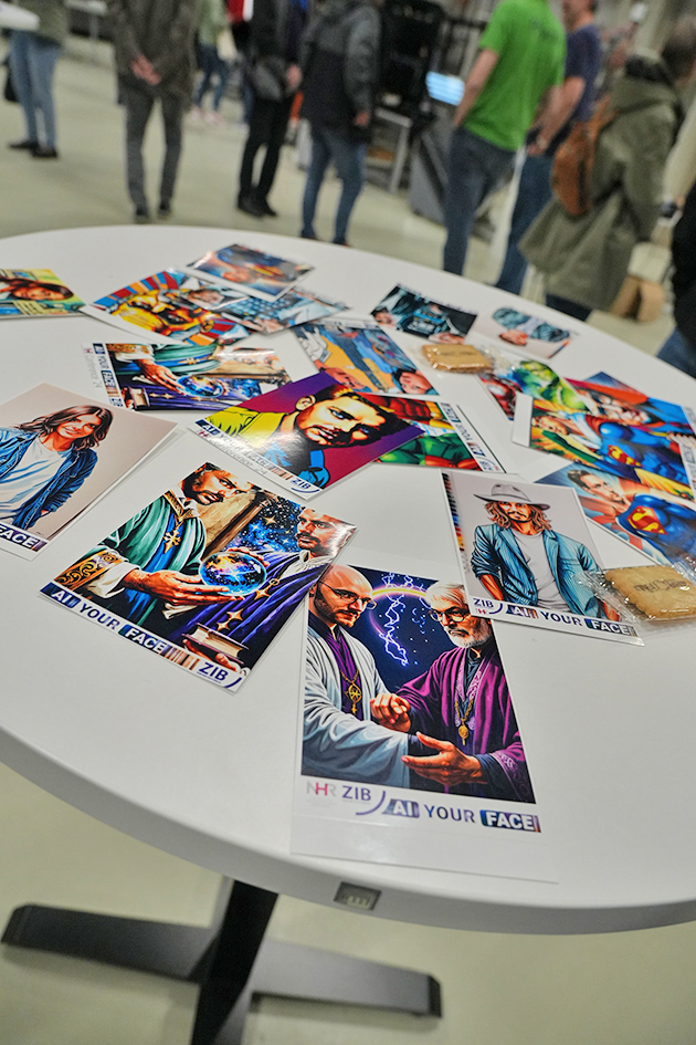 This image focuses on a collection of colorful prints scattered across a round, white table, likely promoting an Artificial Intelligence (AI) art service at a public event. The round table is covered with various small, glossy prints that appear to be AI-generated portraits or artistic renderings of faces. The overall impression is a vibrant display showcasing the creative and transformative capabilities of AI-driven image generation technology.