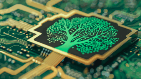 The image shows a computer chip integrated into a circuit board, with a glowing green tree design on its surface symbolizing technology and sustainability. The background is composed of intricate electronic pathways and golden connectors.
