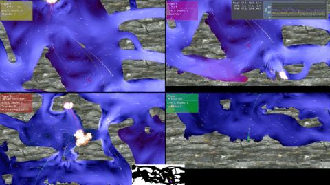 Uboats! puts the fun into computational fluid dynamics: take a 2D fluid simulation, put small U-boats into the flow, add torpedoes, and profit! (Image: Screenshots from Uboats! at https://github.com/te42kyfo/ubootgl?tab=readme-ov-file)