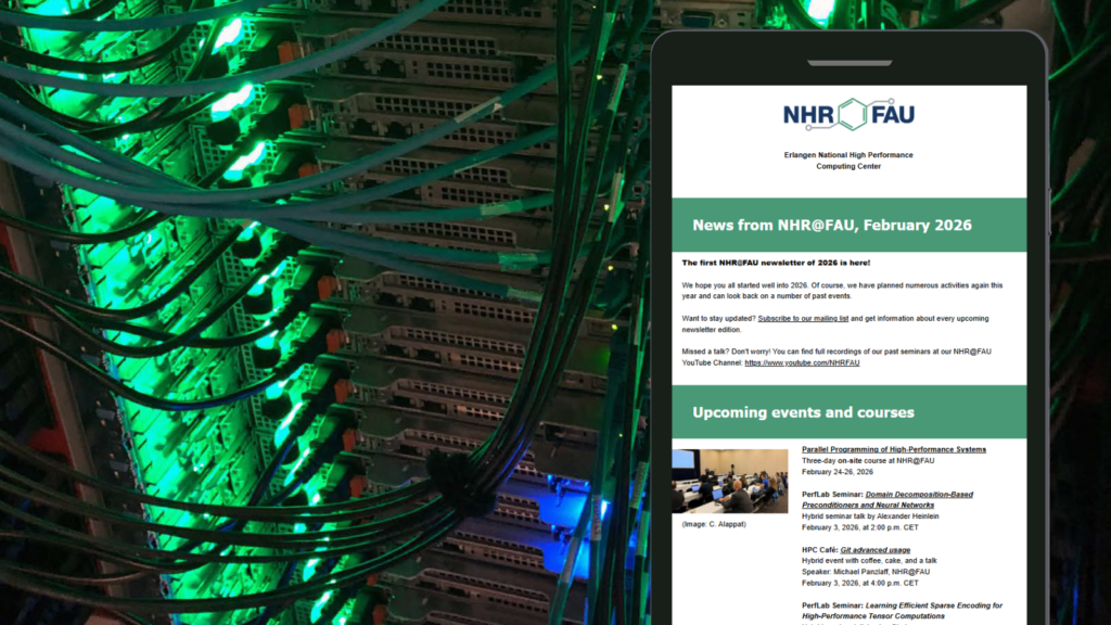 An image of a server illuminated in green. In the foreground is a mobile phone displaying an issue of the NHR@FAU newsletter.