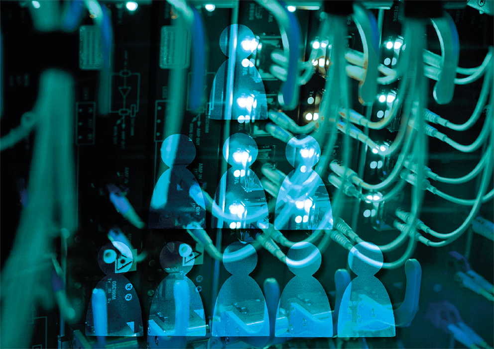 The image shows a close-up view of a network server with many connected cables. Overlaid on the hardware are glowing blue icons representing groups of people.
