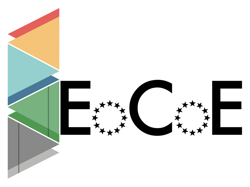 The logo contains the project name “EoCoE” in capital letters; the two “o” letters are filled around the edges with small five-pointed stars. On the left is a vertical geometric design made of several overlapping triangular shapes.
